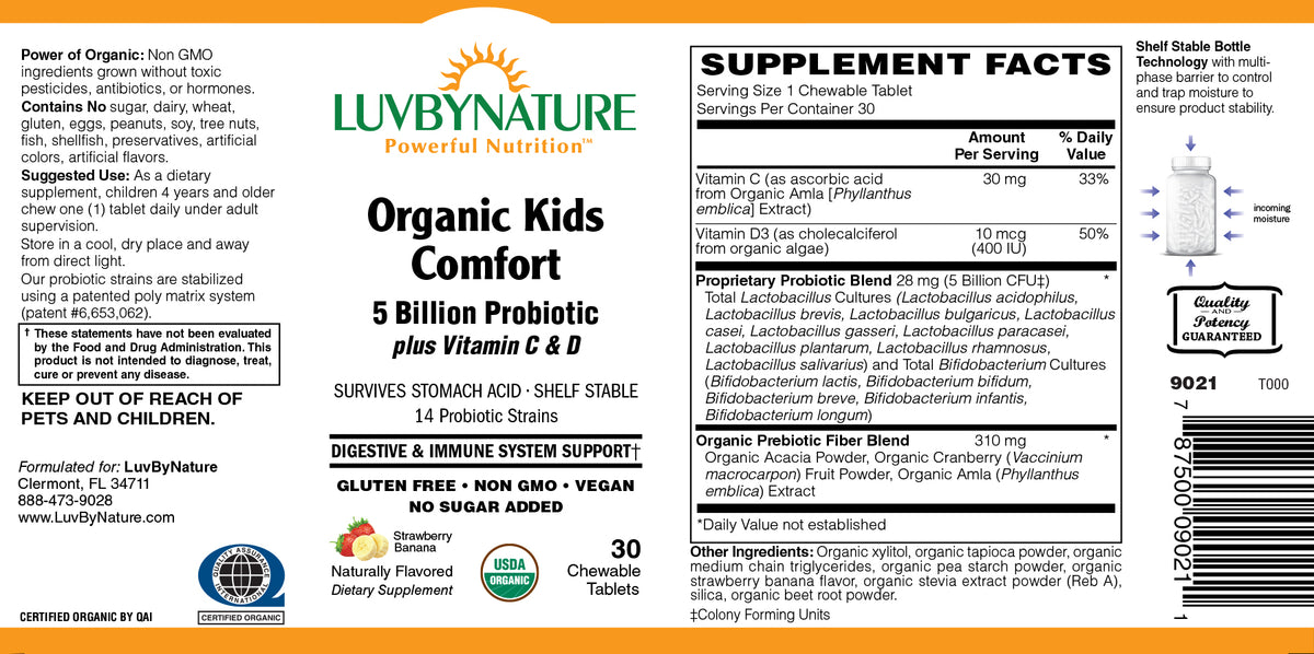 Organic Kids Comfort 5 Billion Probiotic, Strawberry Banana, LuvByNature